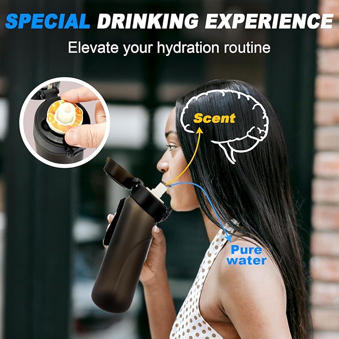 Air Water Bottle with Flavor Pods Tritan, 25oz Sports Water Bottle with Straw Leak-proof, Scented Water Bottle with Carrying Strap(Black+3 Flavor Pods)