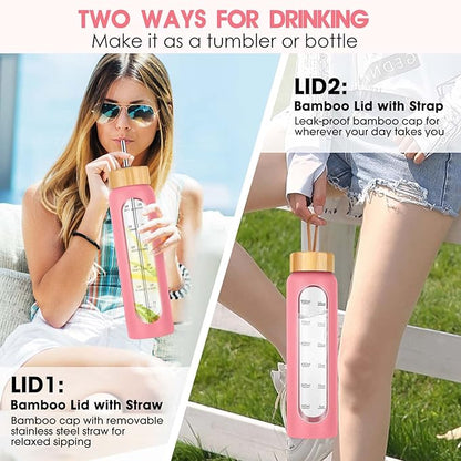 32 oz Glass Water Bottles with Straw - Motivational Glass Water Bottle with Time Marker & Silicone Sleeve - Reusable Glass Tumbler Includes 2 Bamboo Lids & Fruit Infuser - 1 Pack