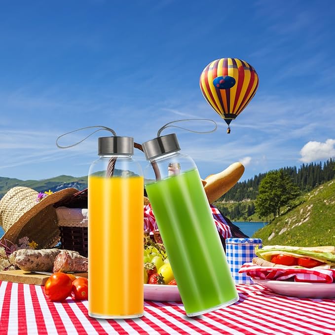 Crazy Music 32 oz Clear Glass Water Bottles,Reusable Glass Juicing Bottles with Stainless Steel Leak Proof Lids -16 oz Sports Water Bottle with Time Marker for Gym, Sports, Outdoors(32 Oz Gold