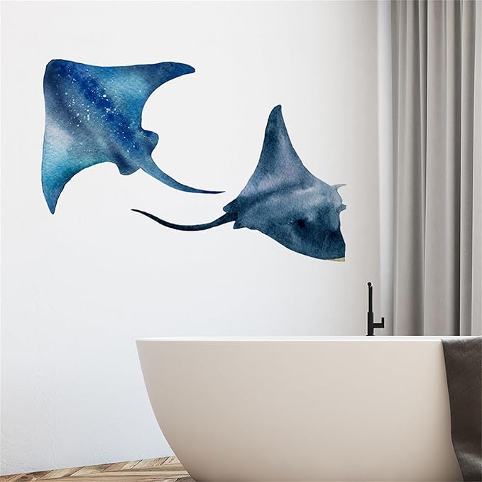 Watercolor Style Halobios Wall Decals Marine Organism Wall Sticker Art Wall Clings Removable Stickers for Nursery Kid'sroom School Livingroom Decoration Murals (Manta Ray1)
