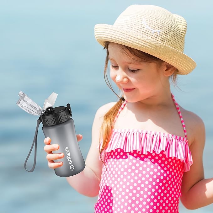 GOPPUS Kids Water Bottle with Straw Spout Lid 10pcs Stickers 12 oz Leak-proof BPA Free Motivational Time Marker Tritan Plastic Water Bottles for Girls Boys School Sports