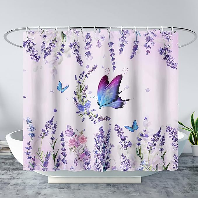 AILONEN Girls Butterfly Shower Curtain for Bathroom, Blooming Lavender Flower Purple Bath Curtain 72" W*78" H Polyester Fabric Waterproof Bathroom Curtain with 12 Hooks