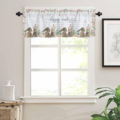 Rabbits Flowers Easter Kitchen Curtains and Valances Set,Eucalyptus Leaf Spring Summer Window Tiers Grey White Buffalo Plaid Half/Short Curtains for Small Windows Cafe /Living Room/ Bedroom 54x 36 in
