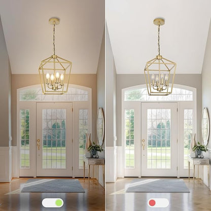 4 Light Chandelier Light, Modern Ceiling Lighting with Metal Cage, Gold Lantarn Fixture Adjustable Chain, Geometric Hanging Light Fixture E12 Base for Entryway, Kitchen Island, Indoor Use