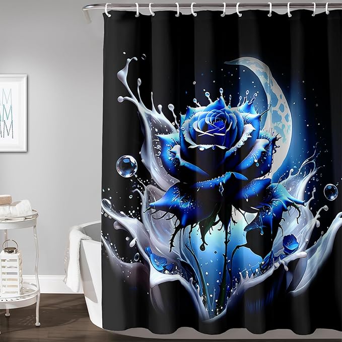 AILONEN 3D Rose Shower Curtain for Bathroom, Evening Moon Blue Rose Bath Curtain for Girls Women, Modern Floral Print Minimalism Shower Curtain Waterproof with 12 Plastic Hooks 60" W*72" H