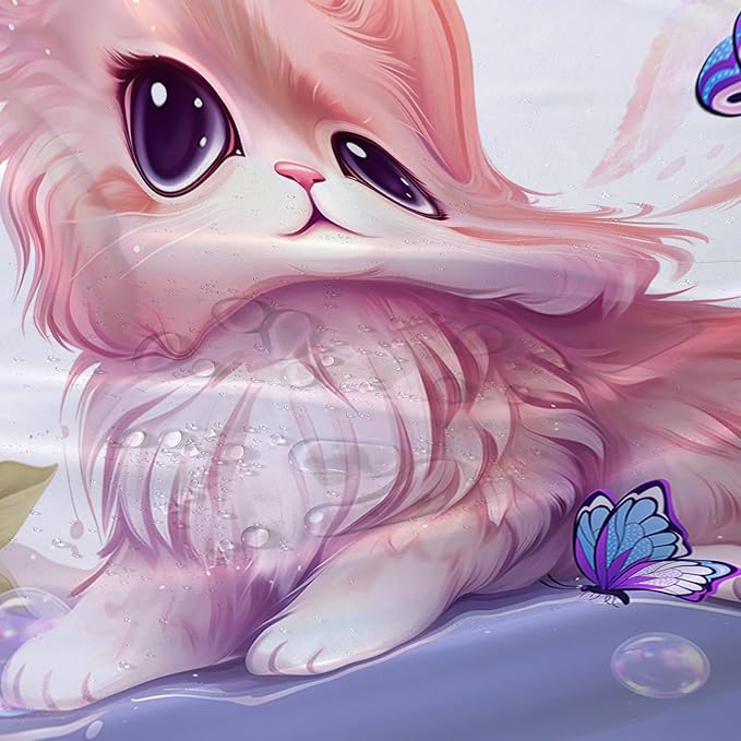 AILONEN Cute Cat Shower Curtain for Kids Boys,Kawaii Kitten and Butterfly Fabric Shower Curtains for Bathroom,Big Eye Pink Cat Polyester Cloth Bath Curtain Set, 60" W*72" H Pink
