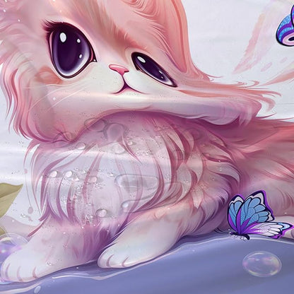AILONEN Cute Cat Shower Curtain for Kids Boys,Kawaii Kitten and Butterfly Fabric Shower Curtains for Bathroom,Big Eye Pink Cat Polyester Cloth Bath Curtain Set, 60" W*72" H Pink