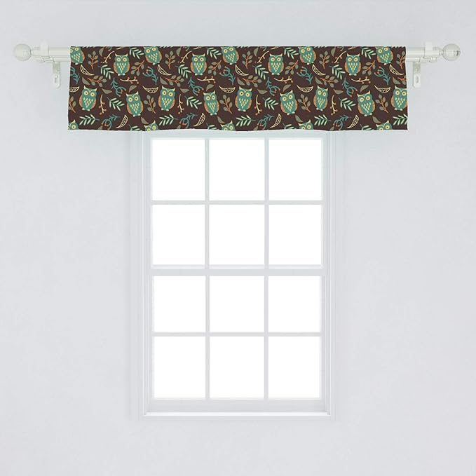 Ambesonne Owl Print Window Valance, Night Birds Leaves Berries Warm Autumn Colors Cartoon, Curtain Valance for Kitchen Bedroom Decor with Rod Pocket, 54" X 12", Brown Green