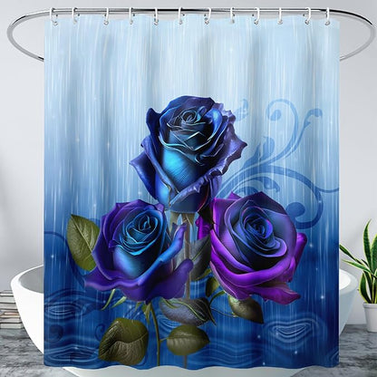 AILONEN Blue Rose Shower Curtain for Girls,Raining Rose Shower Curtain for Bathroom Decor,Women Kids Polyester Waterproof 3D Printed Bath Curtain with 12 Hooks,48" W*72" H