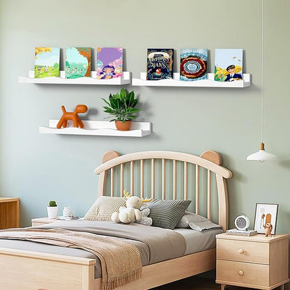 AZSKY Floating Bookshelf for Kids, Picture Ledge Shelf for Wall Decor and Storage 16 Inches Nursery Book Shelves Set 3, Baby Book Shelf for Kids Room Decor(White)