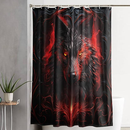 AILONEN 3D Black Wolf Shower Curtain Set,Fire Wolf Head Bathroom Curtain for Kids Girls Boys,Boho Style Shower Curtain,Wild Animal Shower Curtains for Bathroom Decor, 72" W*96" H