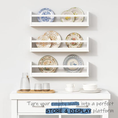 24 Inch Wide Bookshelf for Kids Room Wall Decor, Floating Nursery Book Shelves for Baby Children Teens Bedroom, Corner Hanging Bookshelves Wall Mounted for Classroom Library (White)