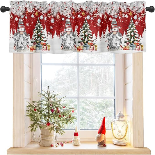 Christmas Gnome Valance Curtains for Kitchen Windows Winter Merry Christmas Tree Balls Rod Pocket Window Treatment Toppers for Kitchen/Living Room/Bedroom/Bathroom, 60" X 18", Red