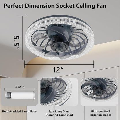 Light Socket Fan with Remote,12.2''Socket Modern Flush Mount Low Profile Ceiling Fan,Screw in Socket Fan Light with Dimmable Brightness and Color Temp,for Bedroom,Small Living Room Kitchen