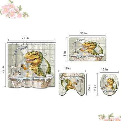4PCS Dinosaur Shower Curtain Set with 12 Hooks for Bathroom Sets Dinosaur Decor, Non-Slip Rugs and Toilet Mat Lid Rug, Durable Waterproof for Bathroom Cartoon Dinosaur Decor 72x72 Inch