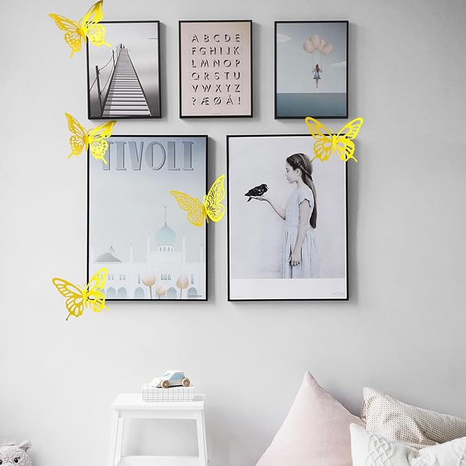 72Pcs 3D Butterfly Wall Decor 3 Sizes 3 Styles, Butterfly Decorations Party Birthday Cake Decoration, Removable Butterfly Wall Stickers for Kids Nursery Wedding Bedroom Room Decor(Gold)