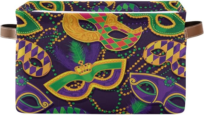 Mardi Gras Accessories Mask Beads Confetti Feather Storage Basket Fabric Laundry Baskets Fleur de Lis Purple Gold Green Storage Boxes Organizer Bag Cloth Toy Book Storage Cubes Shelf Bins 16×12×8