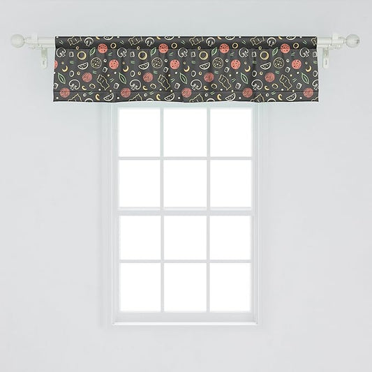 Ambesonne Cartoon Window Valance, Sketches of Pizza Ingredients Yummy Food Theme, Curtain Valance for Kitchen Bedroom Decor with Rod Pocket, 42" x 12", Dark Taupe Grey Coral