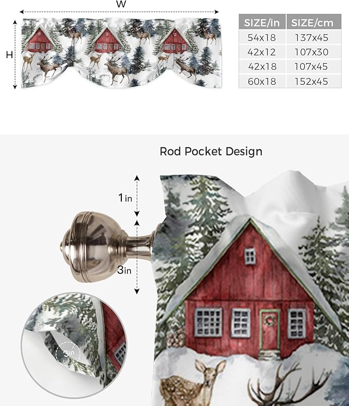 Christmas Blackout Tie Up Valance Curtains for Kitchen Windows Red Farmhouse Barn Window Toppers Balloon Shades for Living Room/Bathroom/Bedroom,1 Panel,42" X 12" Elk