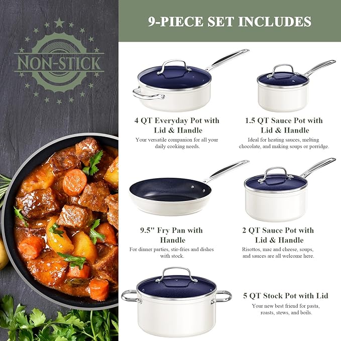 Nuwave 9pc Cookware Set Healthy Duralon Blue Ceramic Nonstick Coated, Diamond Infused Scratch-Resistant, PFAS Free, Oven Safe, Induction Ready & Evenly Heats, Tempered Glass Lids & Stay-Cool Handle