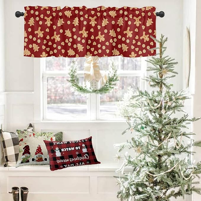 Christmas Valance Kitchen Curtains,Red Merry Christmas Gingerbread Man Cookies Window Treatments Short Curtain,Winter Holiday Decorations Rod Pocket Toppers for Bedroom/ Living Room,1 Panel-54" X 18"