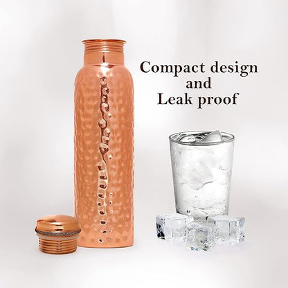Eunoia Copper Water Bottle with Lid 32 oz, Handmade Ayurvedic Copper Bottle Water Vessel, Gym Water Bottle for Sports Exercise Yoga Fitness, Hammered Natural