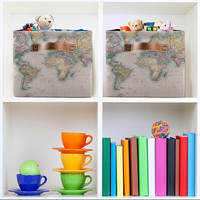 Vintage World Map Storage Basket Collapsible Laundry Organizer with Leather Handles Retro Map Print Rectangular Storage Box Bin 1 PC for Bathroom Clothes Kids Toys Nursery