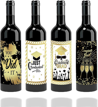 24Pcs Graduation Gift Wine Labels Congrats Grad Wine Bottle Stickers Graduation Party Waterproof Wine Bottle Decoration Cover for College Congrats Graduation Party Decorations, 4 Design