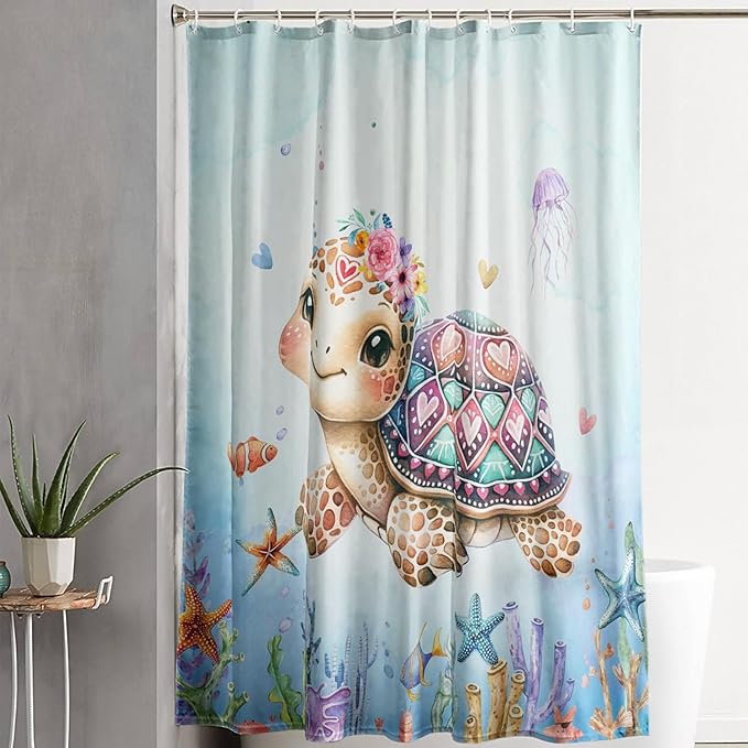 AILONEN Cartoon Sea Turtle Shower Curtain,Kawaii Ocean Sea Turtle Bath Curtain Set for Kids Girls,Ocean Flowers Bathroom Curtains,Watercolor Blue Shower Curtains for Bathroom, 60" W*72" H