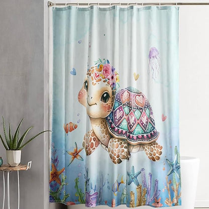AILONEN Cartoon Sea Turtle Shower Curtain,Kawaii Ocean Sea Turtle Bath Curtain Set for Kids Girls,Ocean Flowers Bathroom Curtains,Watercolor Blue Shower Curtains for Bathroom, 48" W*72" H
