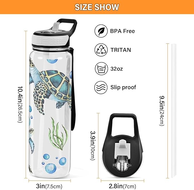 senya Watercolor Sea Turtles Sport Water Bottle with Straw Tritan Clear Bottle for Outdoor Gym Travel