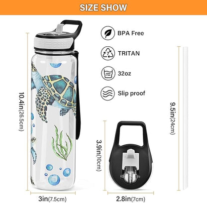 senya Watercolor Sea Turtles Sport Water Bottle with Straw Tritan Clear Bottle for Outdoor Gym Travel