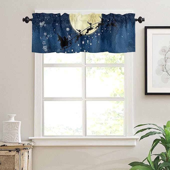 Christmas Valance Kitchen Curtains for Windows, Santa Claus Reindeer Rod Pocket Valances Window Treatments Blue Snowy Night Short Curtains for Bedroom/Living Room, 54" X 18" -1 Panel