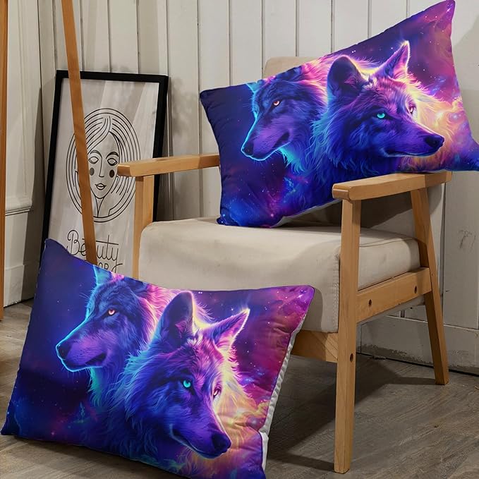 AILONEN Wolf Fitted Sheet Set Full Size for Boys,Purple Galaxy Wolf Bed Sheet Set for Kids Teen, 3 Pieces Safari Wolf Sheet Set,Starry Wolves Fitted Sheet with 2 Pillowcases