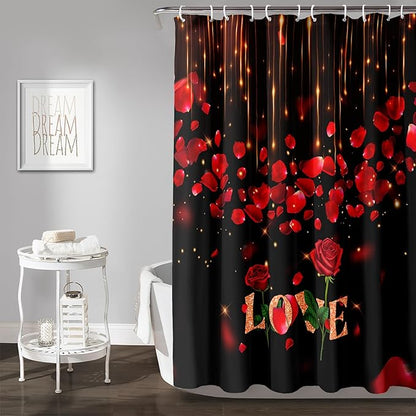 AILONEN Red Rose Flower Shower Curtain,Red and Black Shower Curtain,Romantic Flower Couple Lover Bath Curtain,Rose Themed Bathroom Decor,Waterproof 72" W x 84" H