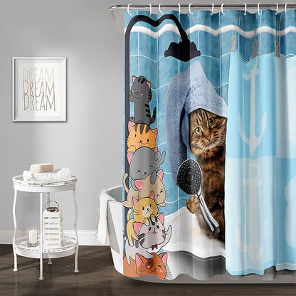 AILONEN Funny Cat Shower Curtain for Kids 72"W*72"H Inch, Cartoon Animal Bathroom Curtain,12 Pack Hooks Polyester Waterproof Fabric Decor for Bathroom,Cute Kitten Taking Shower Cloth Fabric Bathroom