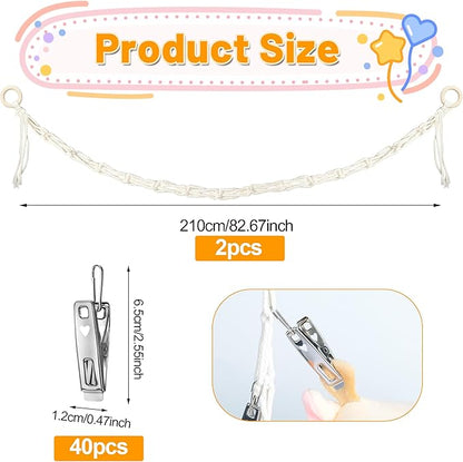 2pcs Stuffed Animal Storage Chain - Boho Stuffed Animal Hammock with 40pcs Metal Clips, Stuff Animal Organizer Hanging Storage for Kids Bedroom Wall Door Display