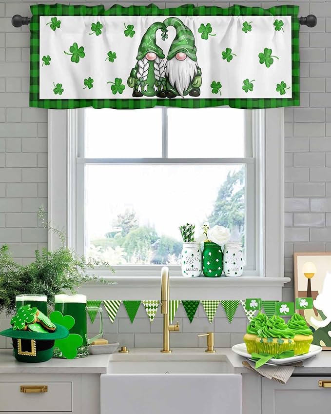 Gnome St. Patrick's Day Kitchen Curtains Valances for Windows Buffalo Plaid Shamrock Rod Pocket Window Treatment for Kitchen /Living Room/Bedroom/ Bathroom, 60" X 18", Seasonal Spring Holiday
