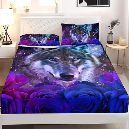 AILONEN Wolf Print Fitted Sheet Set Full Size, Moon Galaxy Wolf Bed Sheet Set Full,3 Pieces Full Romantic Blue Rose Wolf Fitted Sheet with 2 Pillowcases
