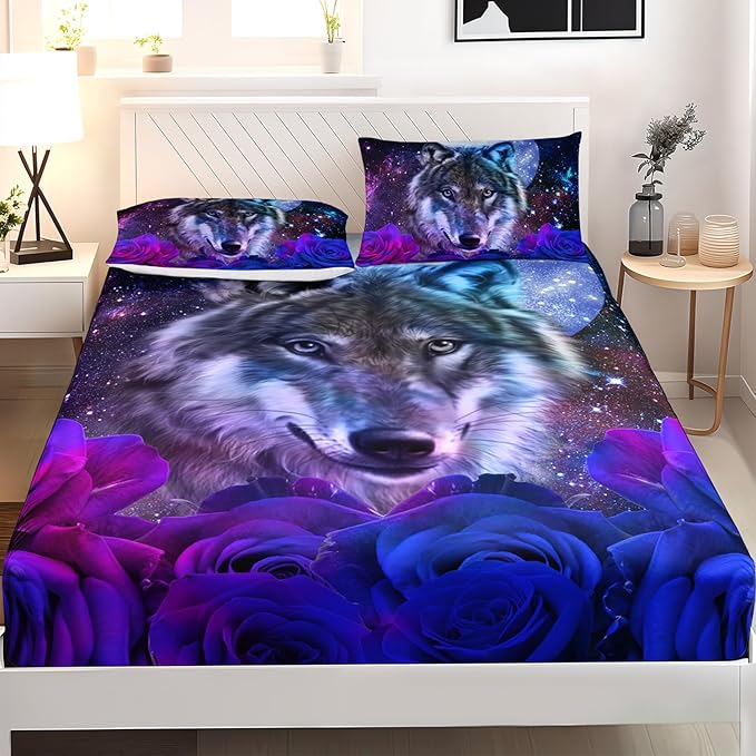 AILONEN Wolf Print Fitted Sheet Set Queen Size, Moon Galaxy Wolf Bed Sheet Set Queen,3 Pieces Queen Romantic Blue Rose Wolf Fitted Sheet with 2 Pillowcases