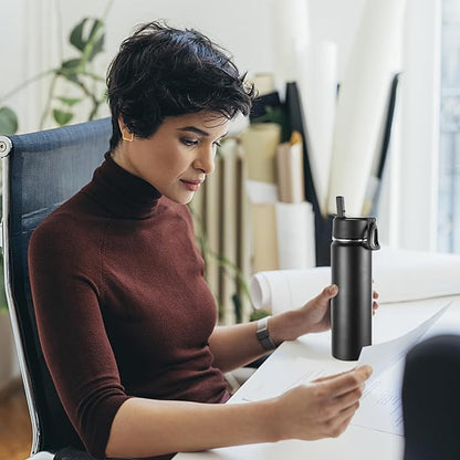 Volhoply 24oz Insulated Water Bottle With Straw Bulk 8 Pack,Metal Wide Mouth Water Bottles With Handle Lid Keep Cold,Reusable Double Wall Thermos,Powder Coated Sport Bottle For Holder(Black,8 Count)