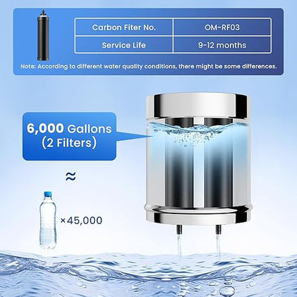 2.25G Gravity Water Filter System, NSF/ANSI 42&372 Standard, 304 Stainless Steel Countertop System with 2 Carbon Filters and Stand, Reduce 99% Chlorine and Lead