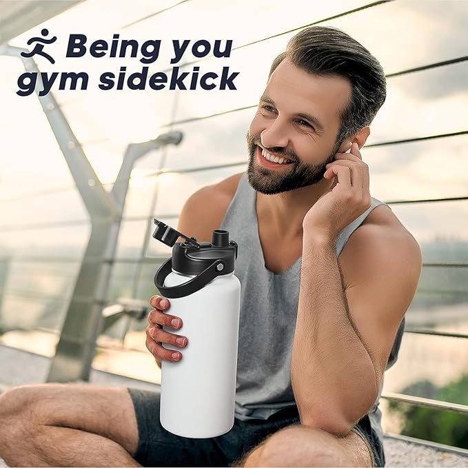 Half Gallon Insulated Water Bottle with 2-in-1 Lid (Chug Lid/Straw Lid), 40/64oz Double Walled Vacuum Stainless Steel Water Bottles, Water Jug with Straw