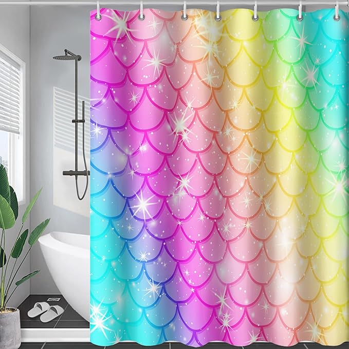 AILONEN Mermaid Scale Shower Curtain,Rainbow Mermaid Scale Bath Curtain Gifts for Girls,Polyester Waterproof for Bathroom with 12 Plastic Hooks 72" W*78" H