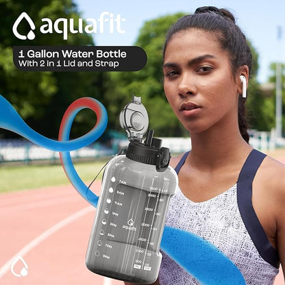 AQUAFIT 1 Gallon Water Bottle with Time Marker - BPA Free 128 oz Water Bottle with Straw, Gym Water Bottle with Handle, 1 Gallon Water Jug, Big Water Bottle, Large Water Bottle (Serenity)