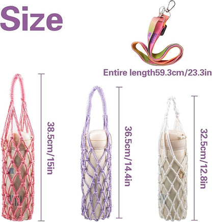 3 Pcs Macrame Water Bottle Carrier, Cotton Water Bottle Bag Crochet Bottle Bag with 3 Colorful Adjustable Shoulder Strap Boho Bottle Sling Bag Wine Bottle Carrier for Gym Hiking Camping Cycling