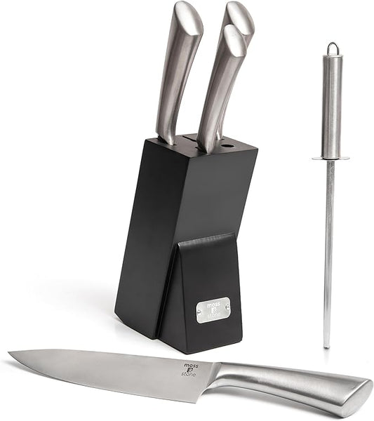 Moss & Stone Professional Kitchen Knife Chef Set, 6 Pcs Small Knife Set With Block, Premium Kitchen Knife Set Stainless Steel, Scratch Resistant & Rust Proof, Knife Block With Sharp Cooking Knives.