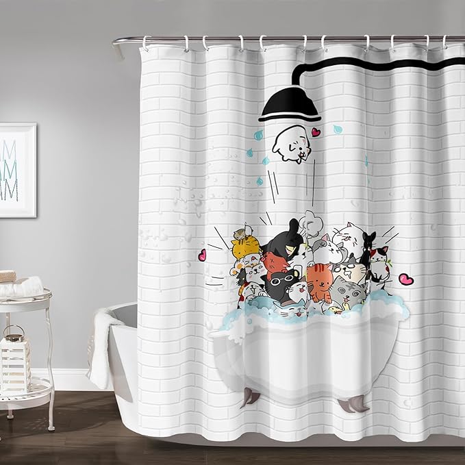 AILONEN Cute Cats Shower Curtain for Kids 72" W*78" H Inch,Kawaii Hilarious Funny Cat Pet Playing Water Shower Curtain,12 Pack Hooks Polyester Waterproof Fabric Decor for Bathroom Bathtub Panels