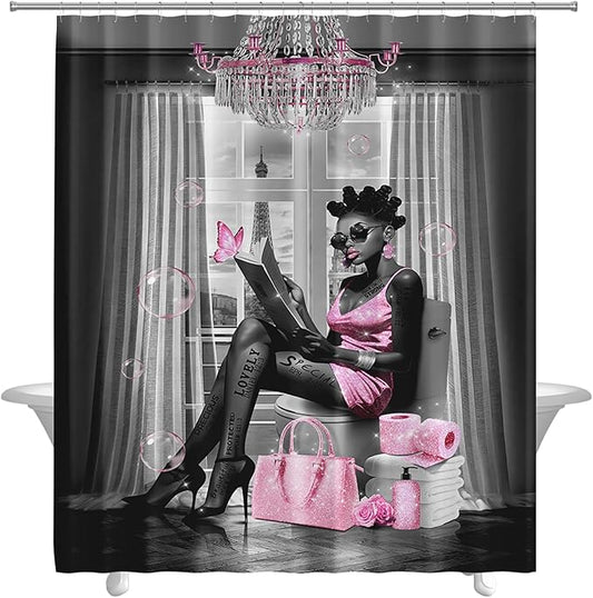 African American Shower Curtain Fashion Black Girl Shower Curtains for Bathroom Decor Grey Pink Waterproof Polyester Fabric Afro Black Women Bathroom Curtain with Hooks 72x72 Inch
