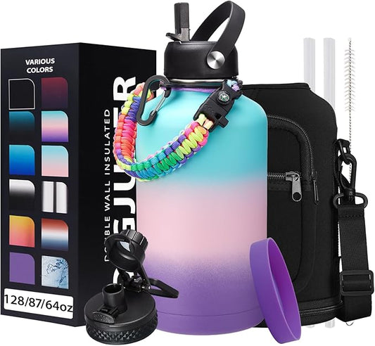 64OZ Insulated Water-Bottle with Paracord-Handle - Half Gallon Water Bottle Jug with Straw & Spout Lids, Bottle Sleeve & Boot, Keep Cold-48h Hot-24h for Fitness Outdoor Camping Hunting, Hiking